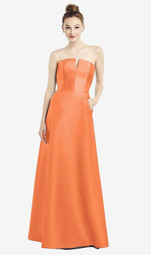 strapless notch satin gown with pockets