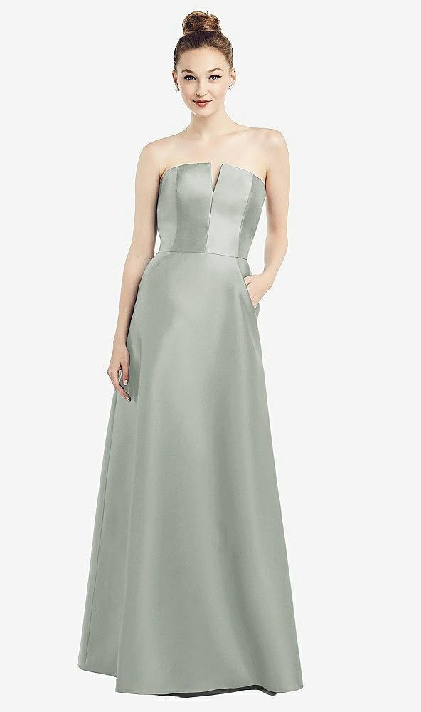 strapless notch satin gown with pockets