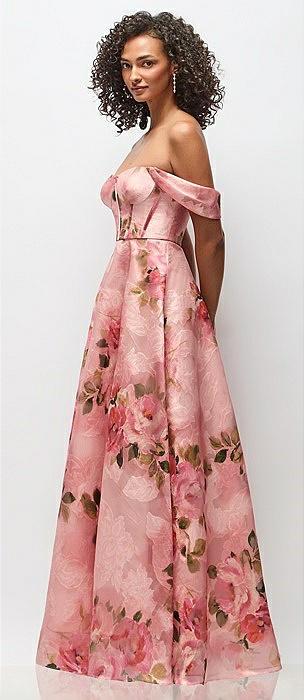 strapless organza jacquard bustier maxi dress with off-the-shoulder swags