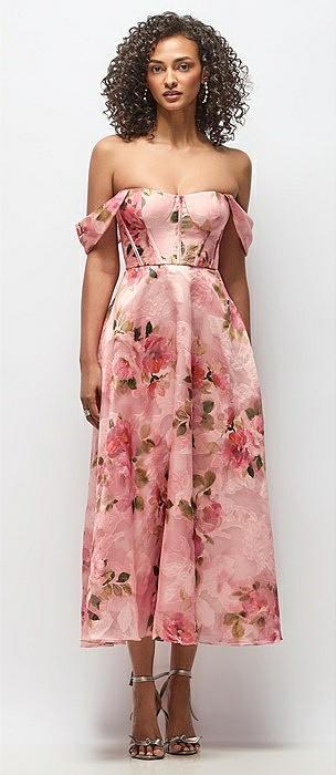 strapless organza jacquard bustier midi dress with off-the-shoulder swags