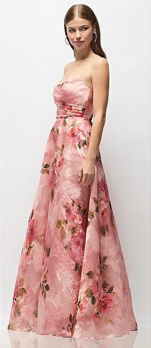strapless organza jacquard maxi dress with draped cat-eye bodice