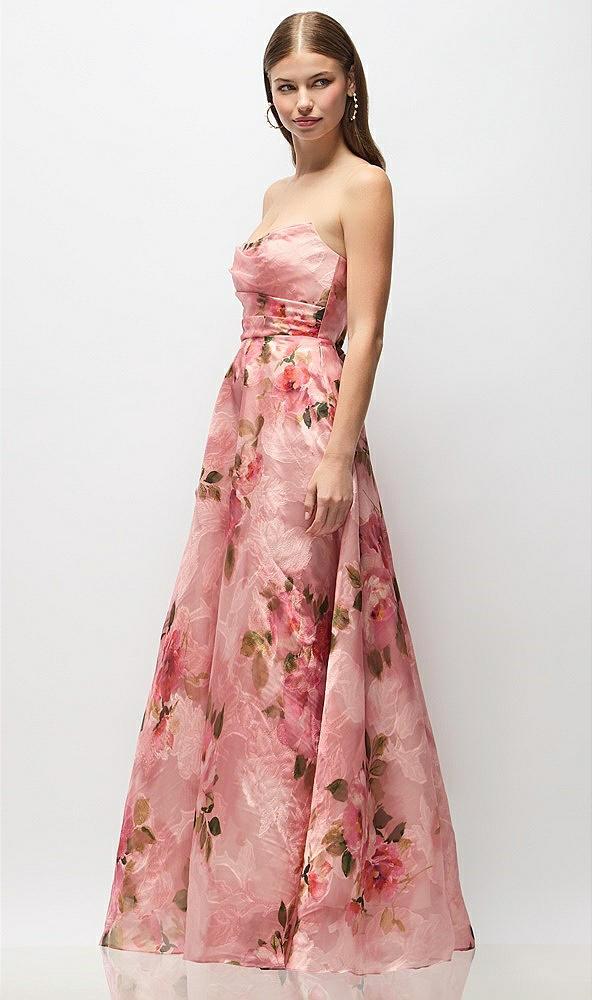 strapless organza jacquard maxi dress with draped cat-eye bodice
