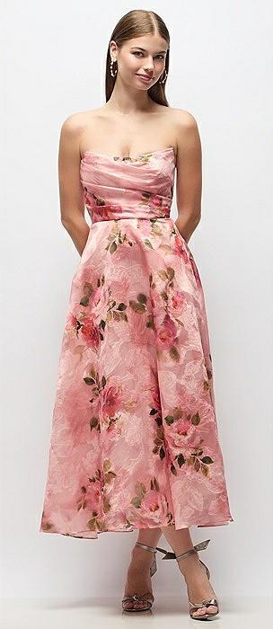 strapless organza jacquard midi dress with draped cat-eye bodice