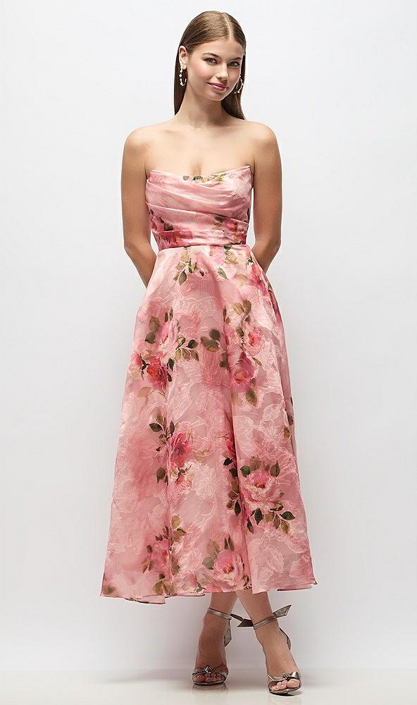 strapless organza jacquard midi dress with draped cat-eye bodice