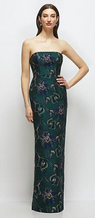 strapless oscar metallic floral jacquard column dress with back slit