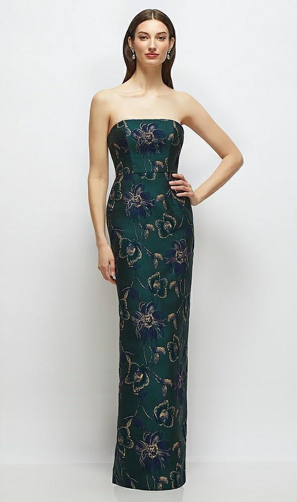 strapless oscar metallic floral jacquard column dress with back slit