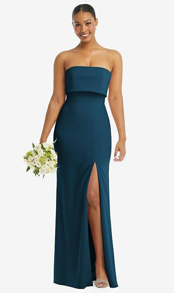 strapless overlay bodice crepe maxi dress with front slit