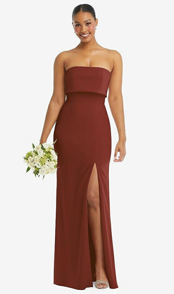 strapless overlay bodice crepe maxi dress with front slit