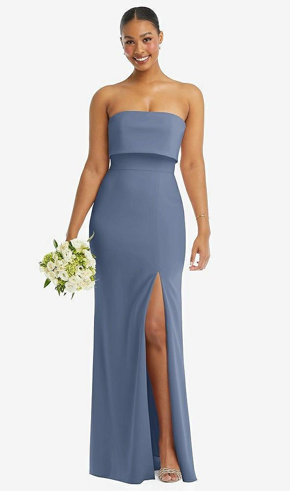strapless overlay bodice crepe maxi dress with front slit