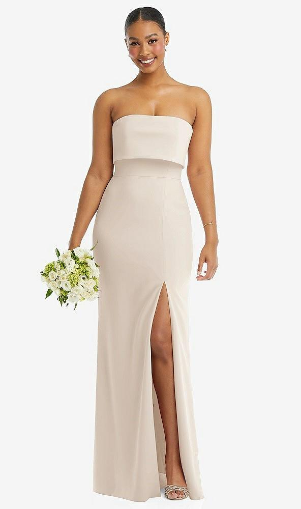 strapless overlay bodice crepe maxi dress with front slit