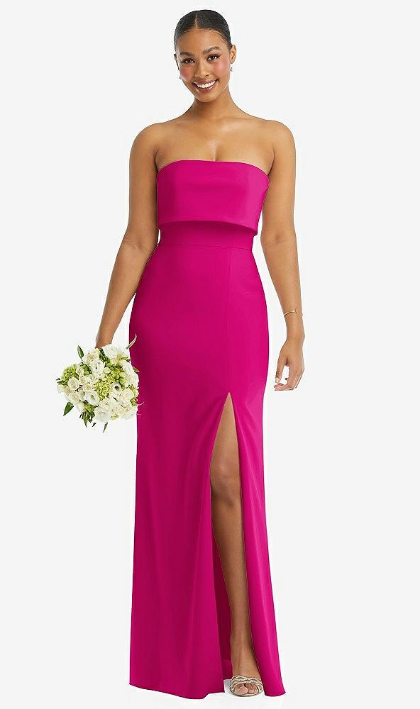 strapless overlay bodice crepe maxi dress with front slit