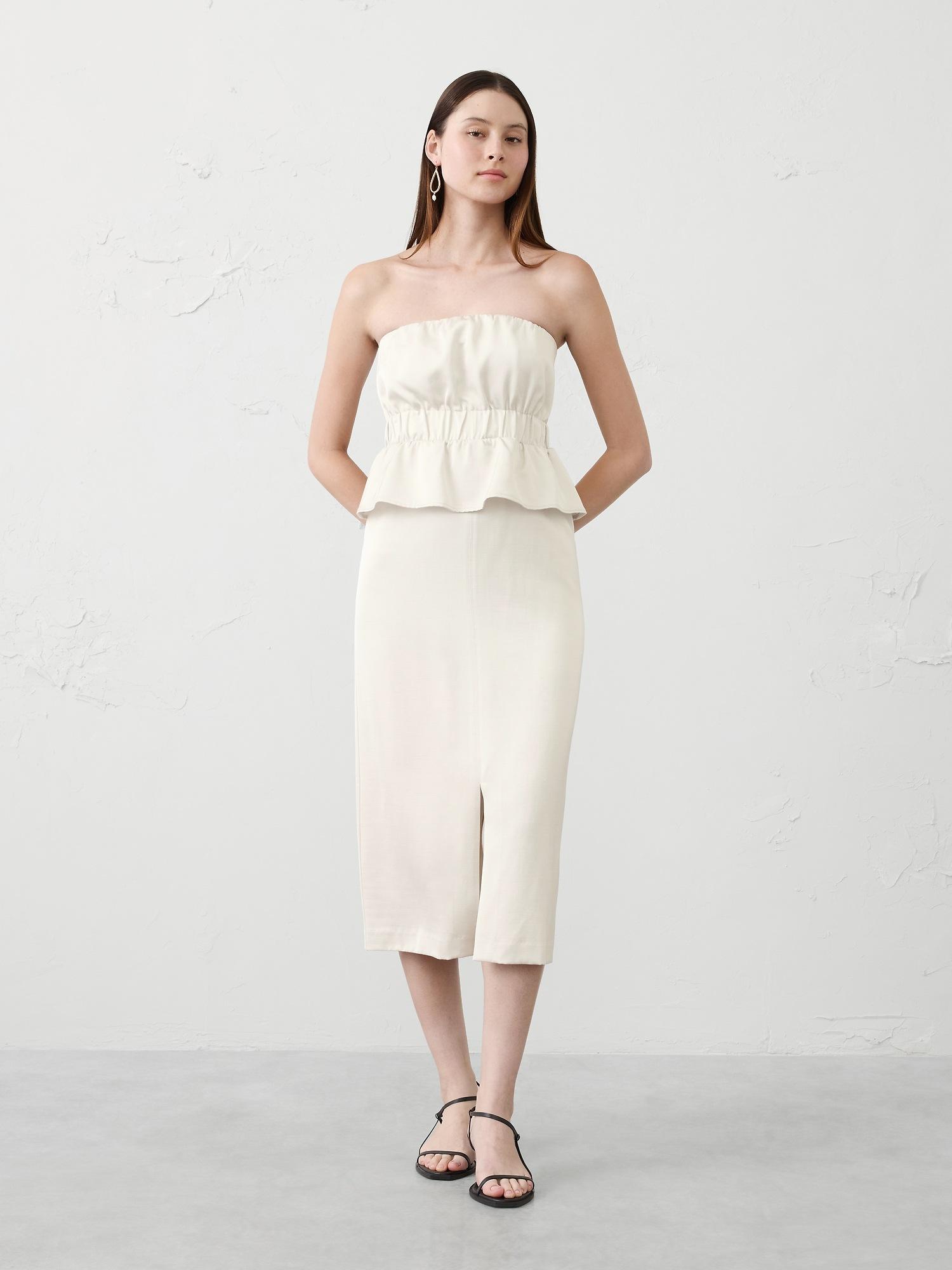 strapless peplum midi dress