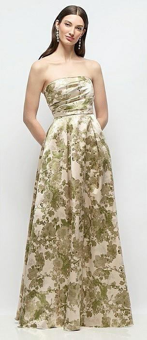 strapless pleated bodice abstract floral jacquard maxi dress with full skirt