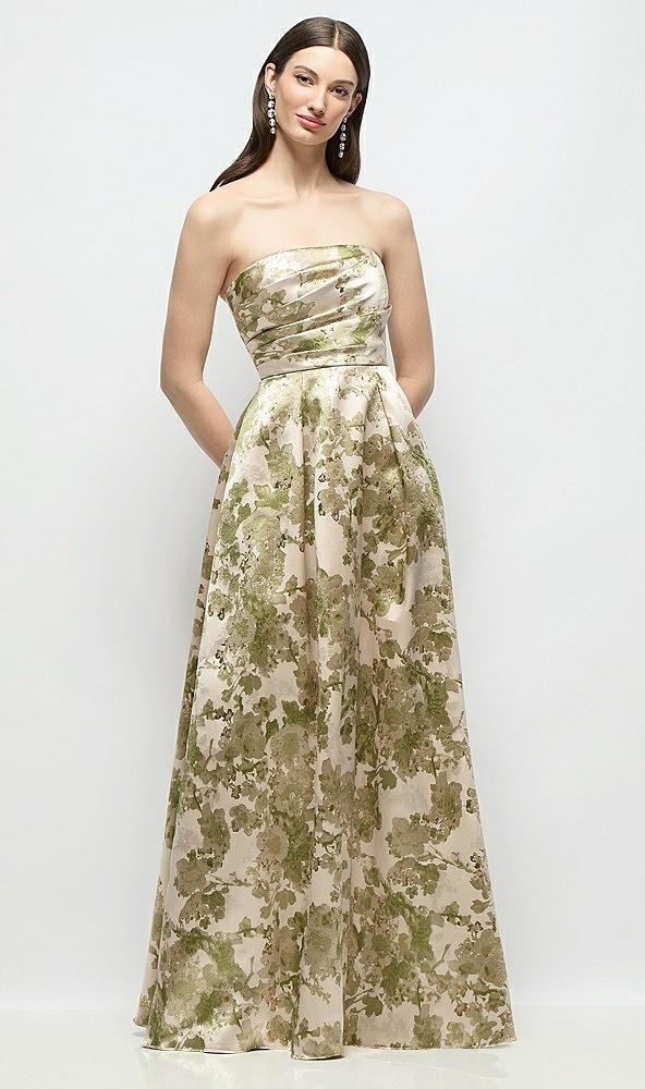 strapless pleated bodice abstract floral jacquard maxi dress with full skirt