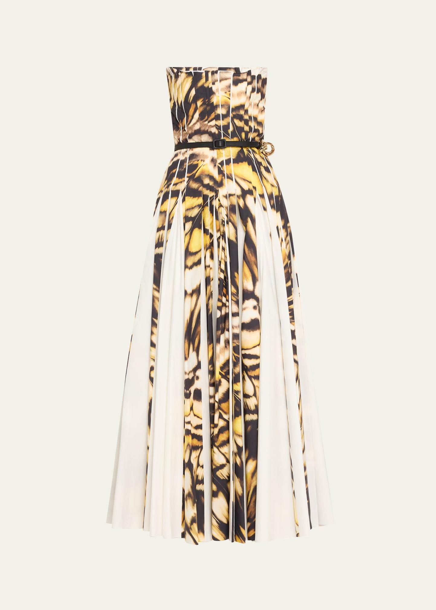 strapless pleated butterfly poplin ankle dress with belt