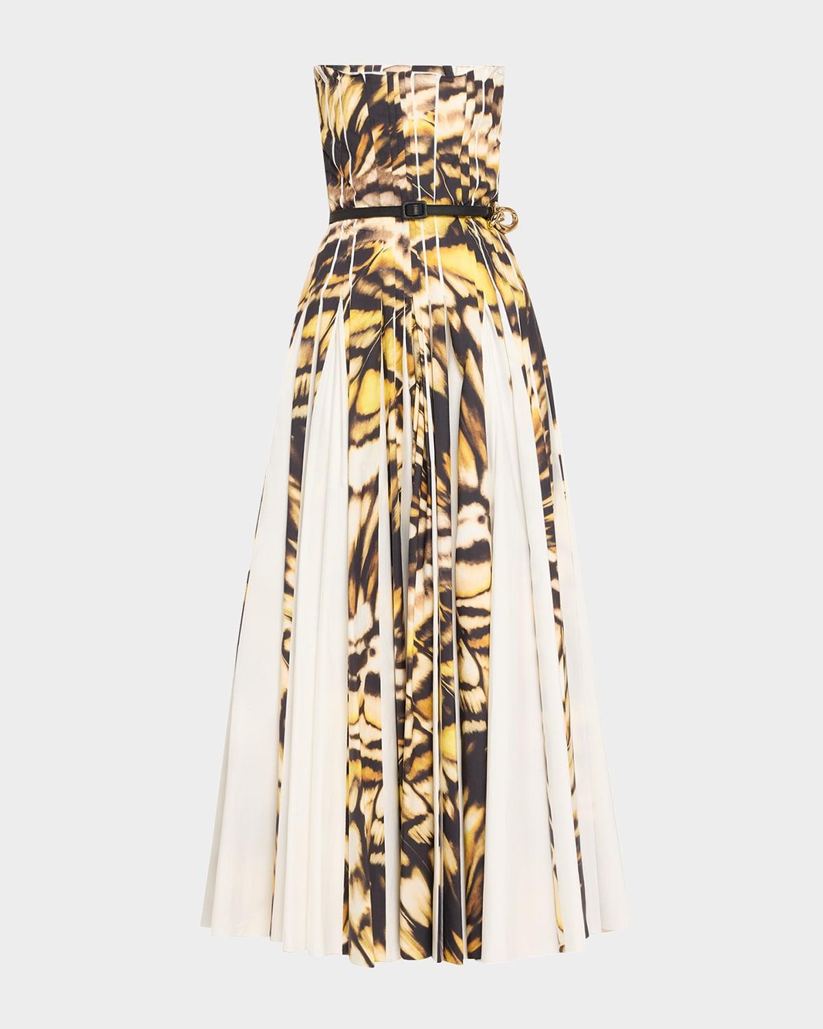 strapless pleated butterfly poplin ankle dress with belt