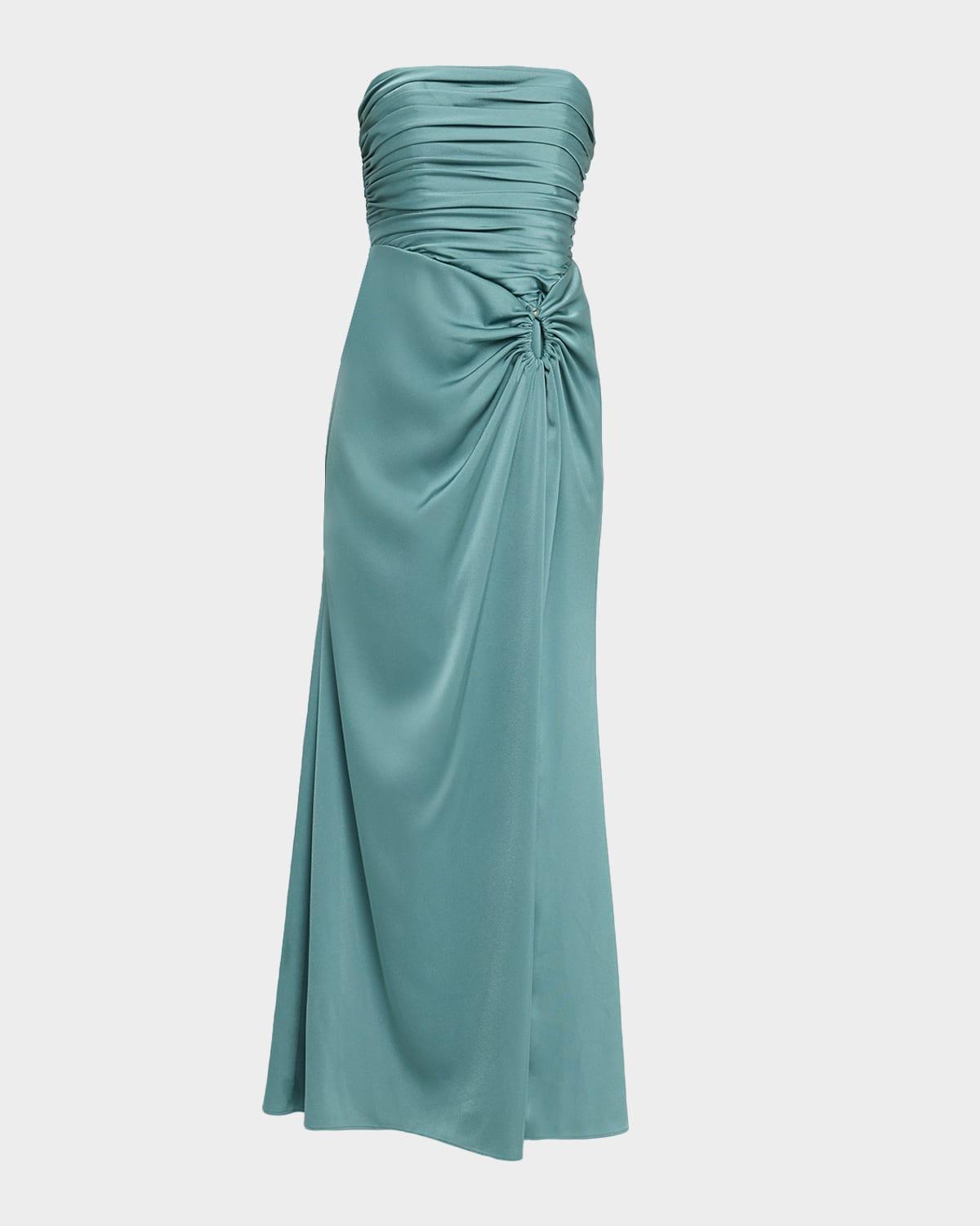 strapless pleated crepe back satin gown