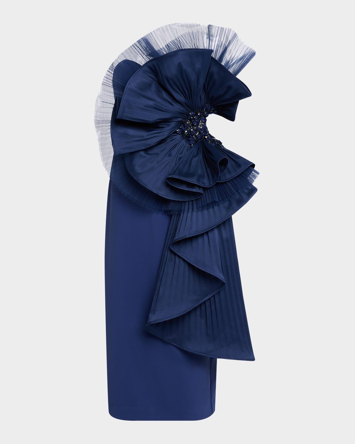 strapless pleated fan midi sheath dress