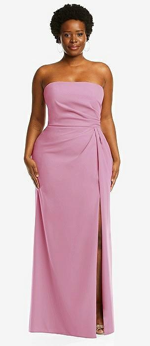strapless pleated faux wrap trumpet gown with front slit