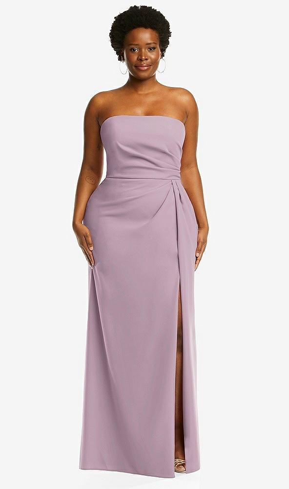 strapless pleated faux wrap trumpet gown with front slit