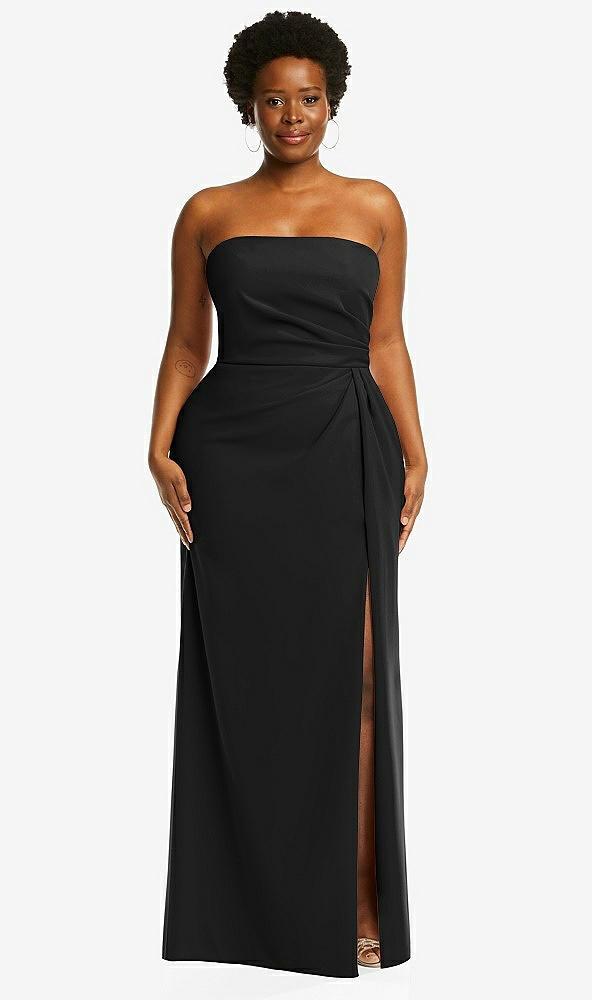 strapless pleated faux wrap trumpet gown with front slit