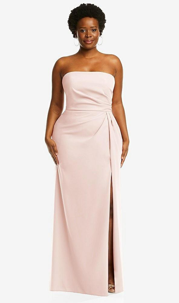 strapless pleated faux wrap trumpet gown with front slit