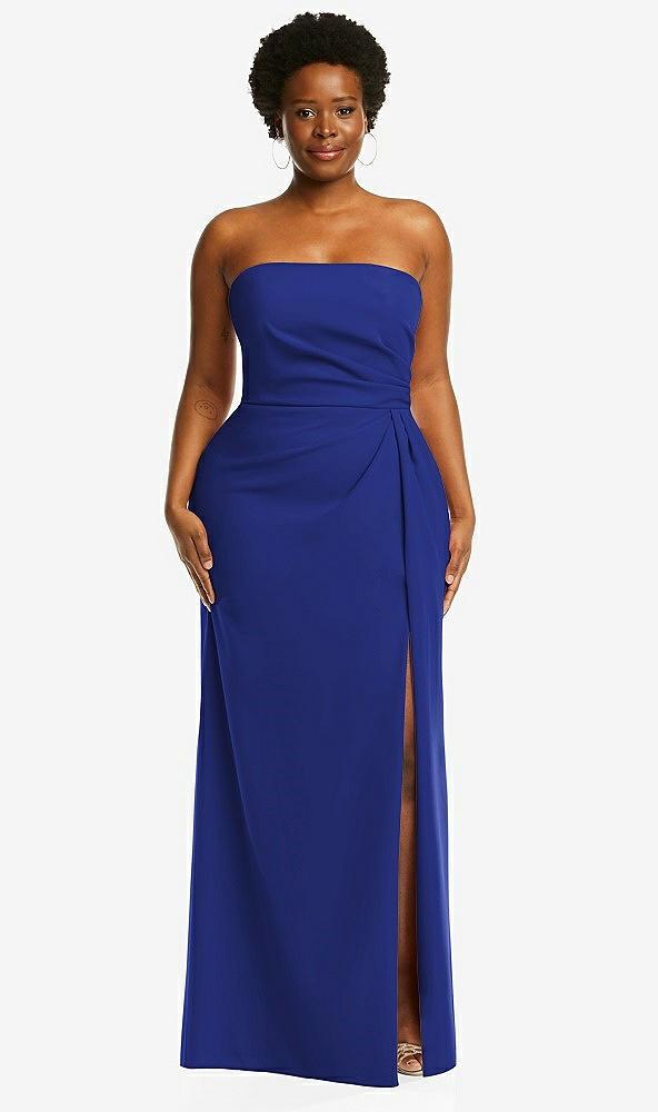 strapless pleated faux wrap trumpet gown with front slit