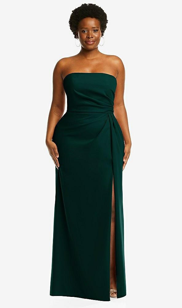 strapless pleated faux wrap trumpet gown with front slit