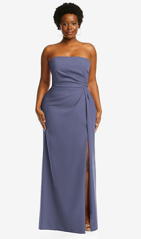 strapless pleated faux wrap trumpet gown with front slit