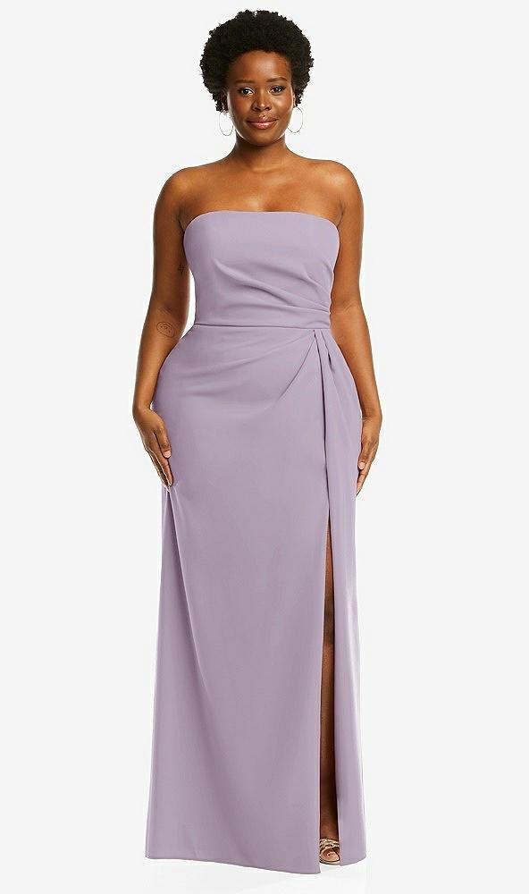 strapless pleated faux wrap trumpet gown with front slit