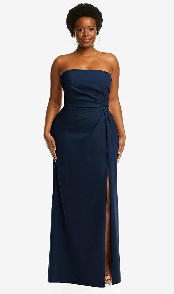 strapless pleated faux wrap trumpet gown with front slit