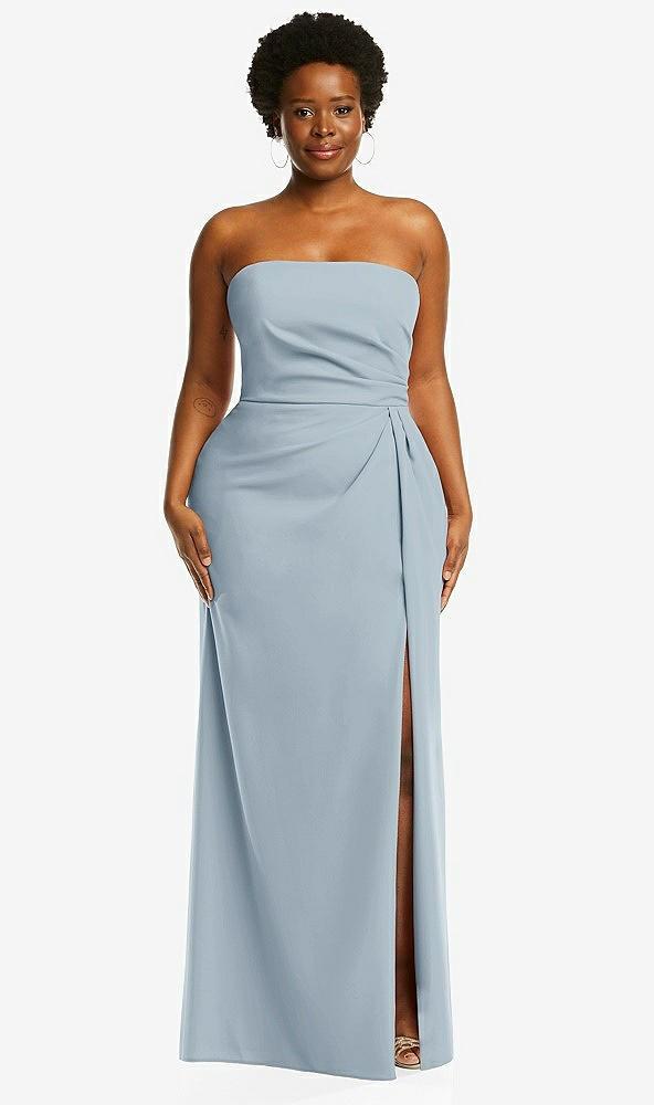 strapless pleated faux wrap trumpet gown with front slit