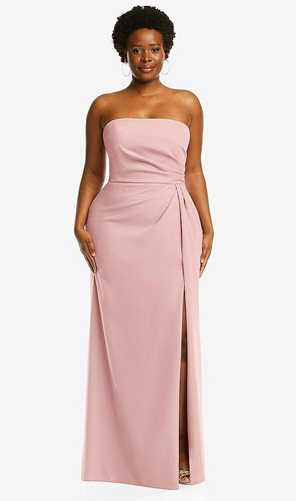 strapless pleated faux wrap trumpet gown with front slit