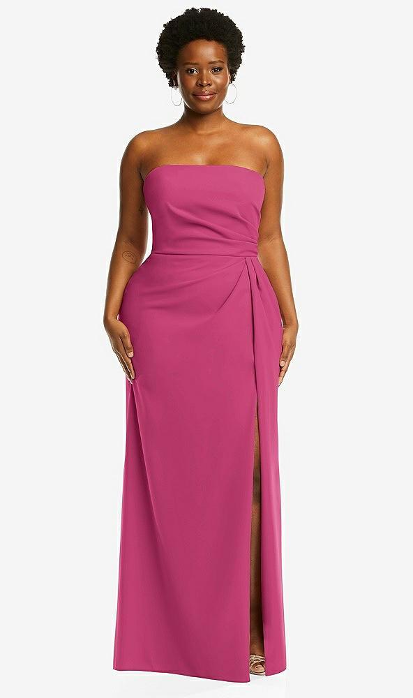strapless pleated faux wrap trumpet gown with front slit