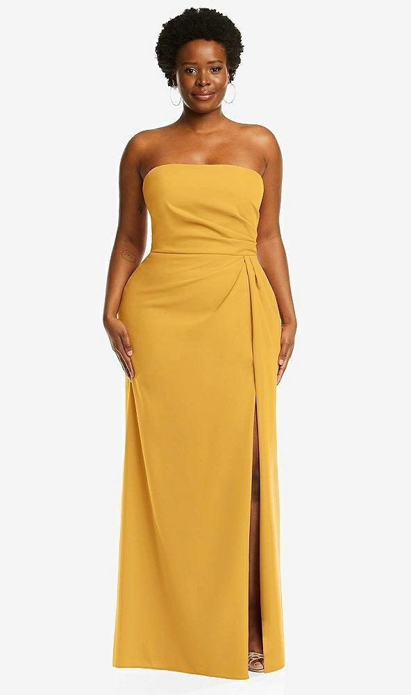 strapless pleated faux wrap trumpet gown with front slit