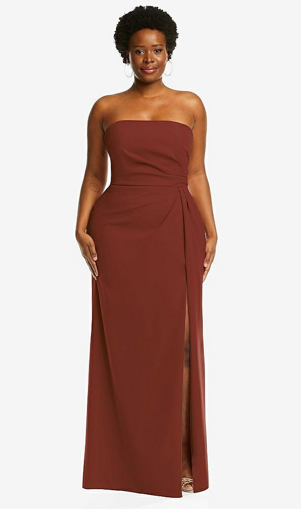 strapless pleated faux wrap trumpet gown with front slit