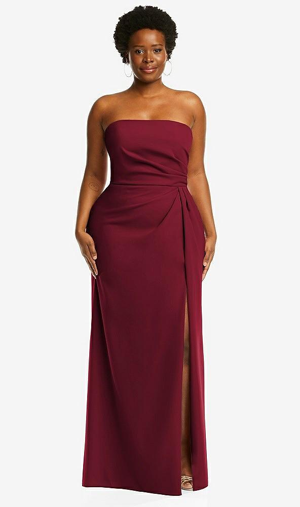 strapless pleated faux wrap trumpet gown with front slit