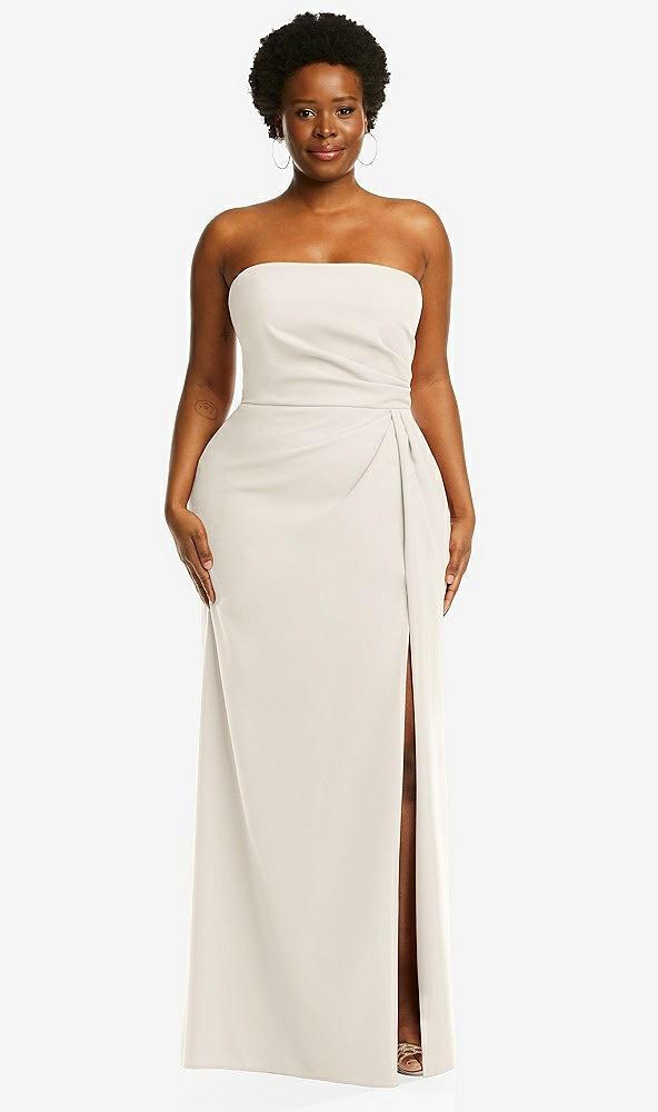strapless pleated faux wrap trumpet gown with front slit
