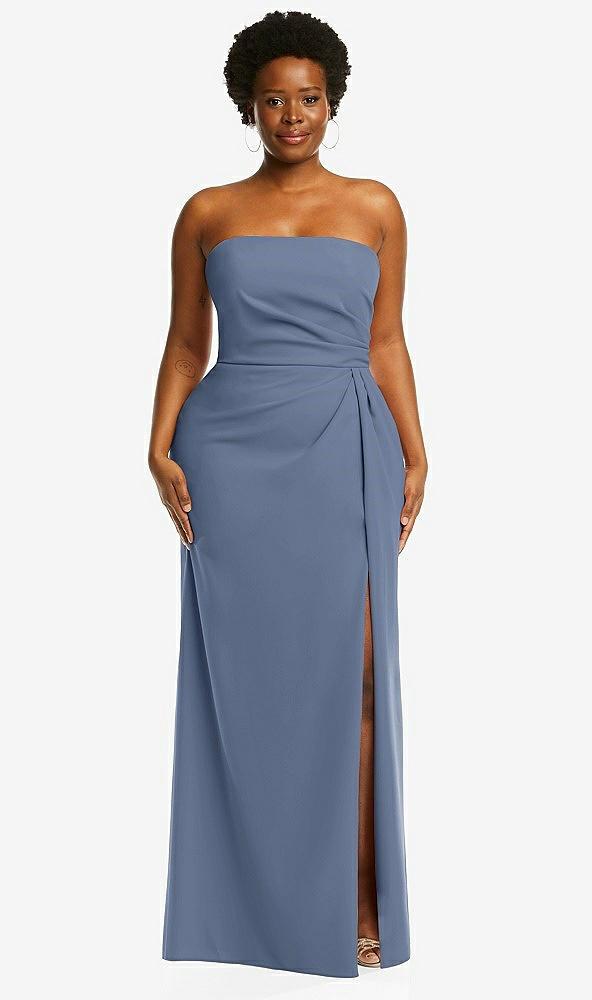strapless pleated faux wrap trumpet gown with front slit