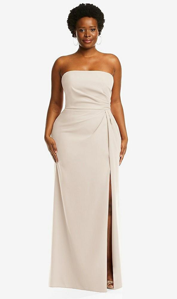 strapless pleated faux wrap trumpet gown with front slit