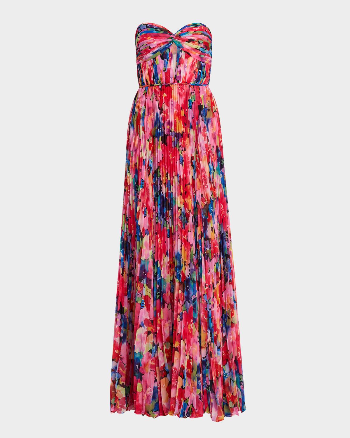 strapless pleated floral-print gown