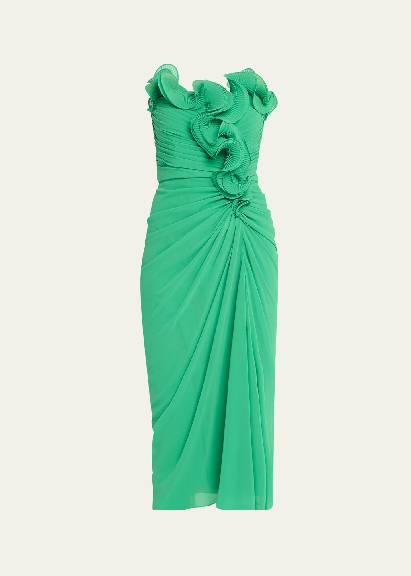 strapless pleated georgette midi dress