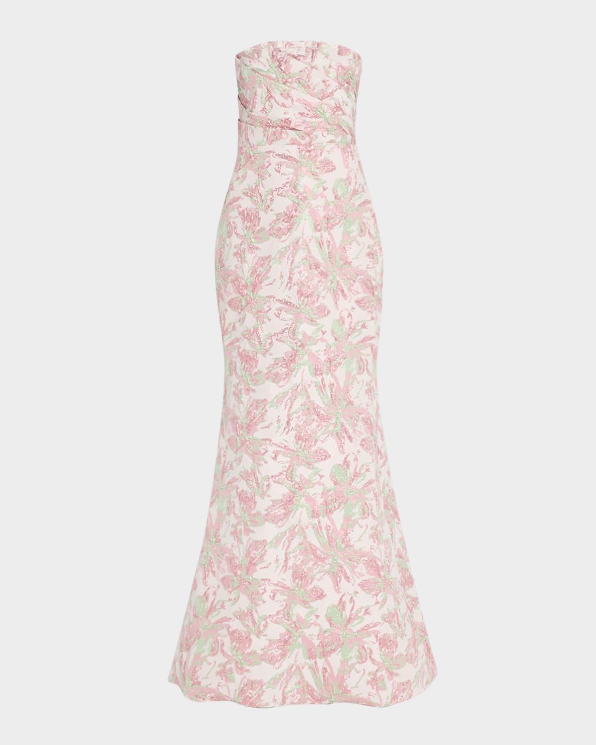 strapless pleated metallic jacquard gown