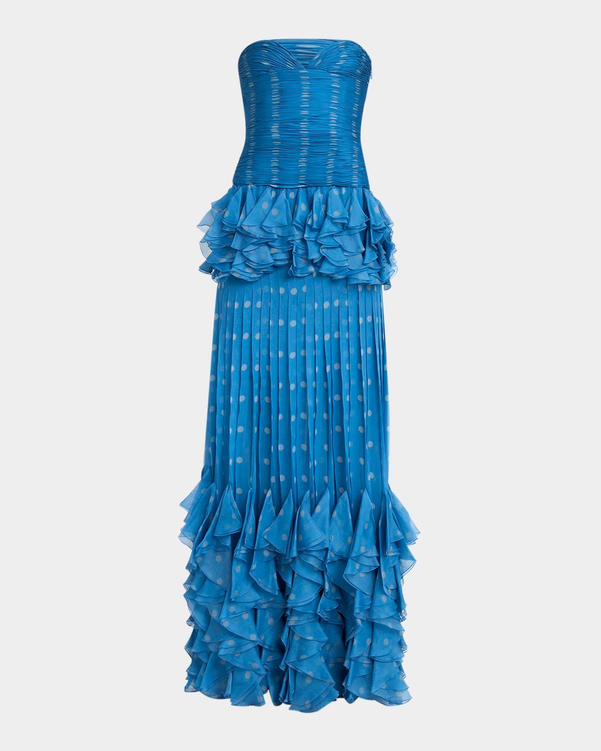 strapless pleated polka-dot gown
