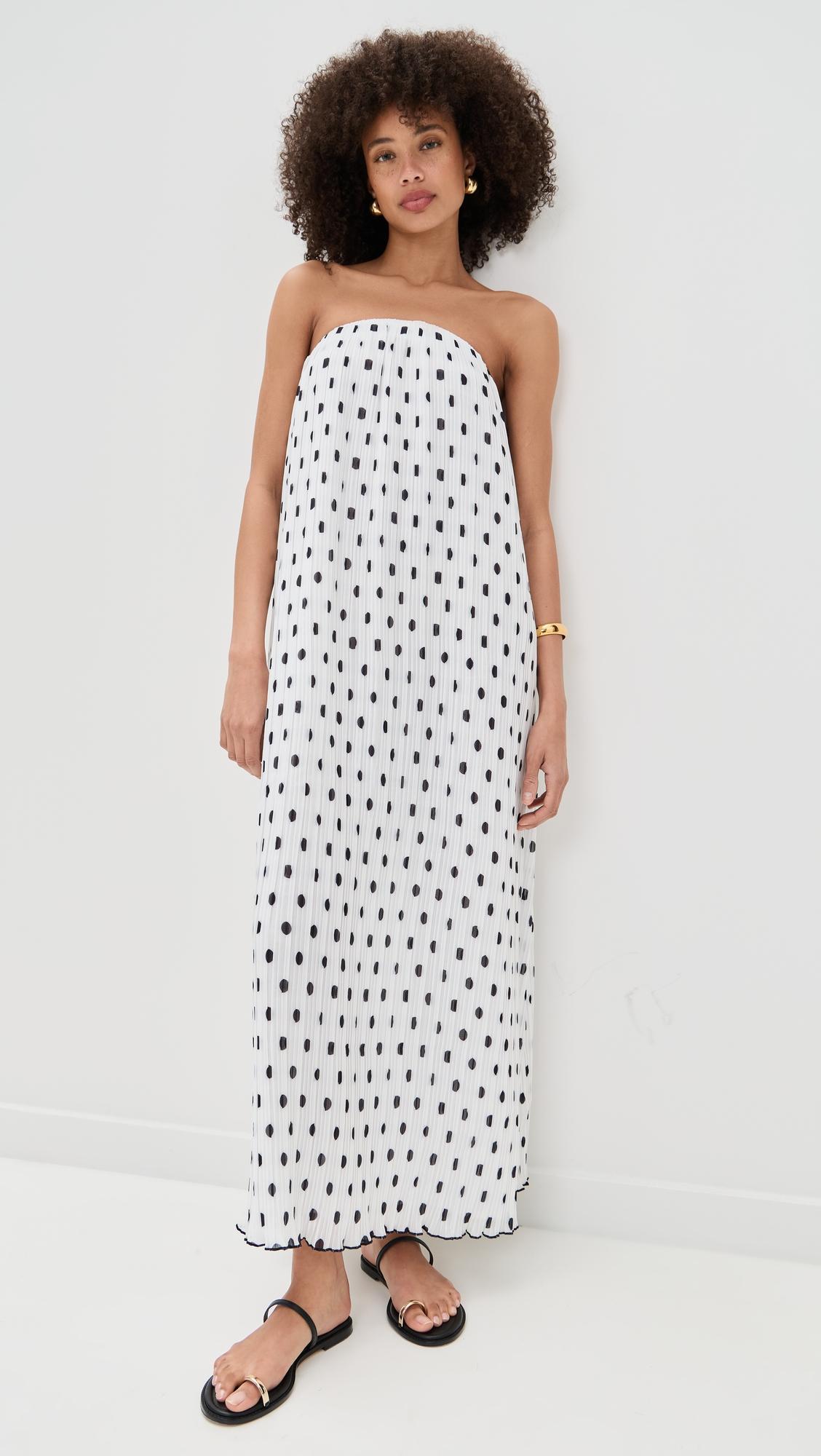 strapless pleated polka dot maxi dress