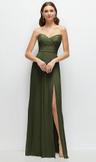 strapless pleated surplice chiffon maxi dress with a-line skirt