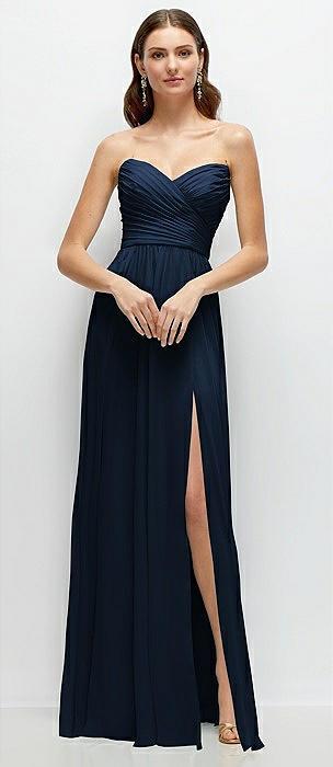 strapless pleated surplice chiffon maxi dress with a-line skirt