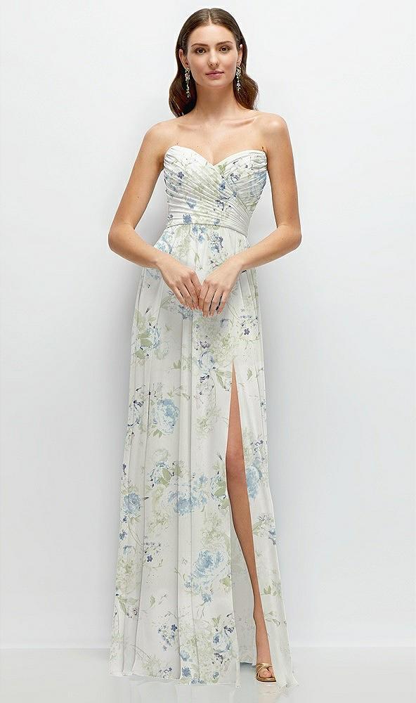 strapless pleated surplice chiffon maxi dress with a-line skirt
