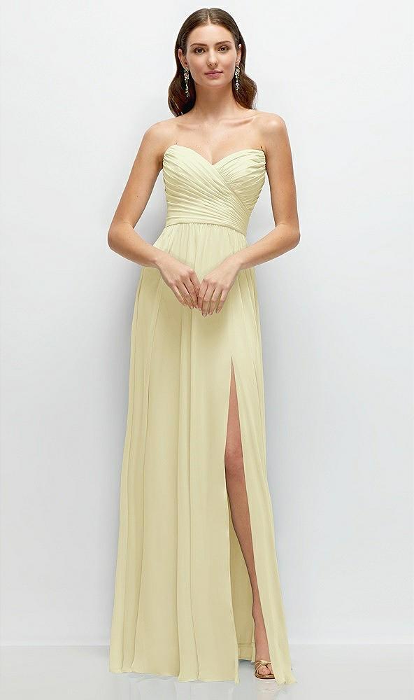 strapless pleated surplice chiffon maxi dress with a-line skirt