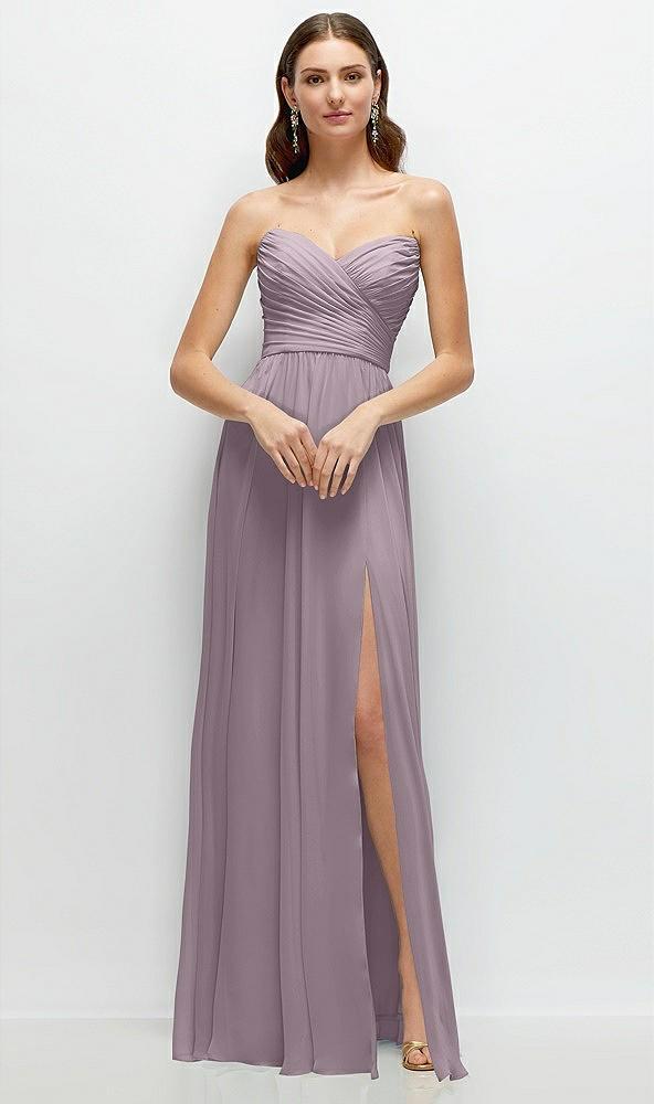 strapless pleated surplice chiffon maxi dress with a-line skirt